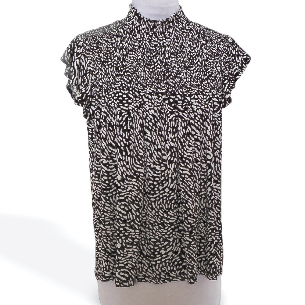 Belldini‎ Womens Black White Abstract Pebble Print Smocked Mock Neck Blouse Med